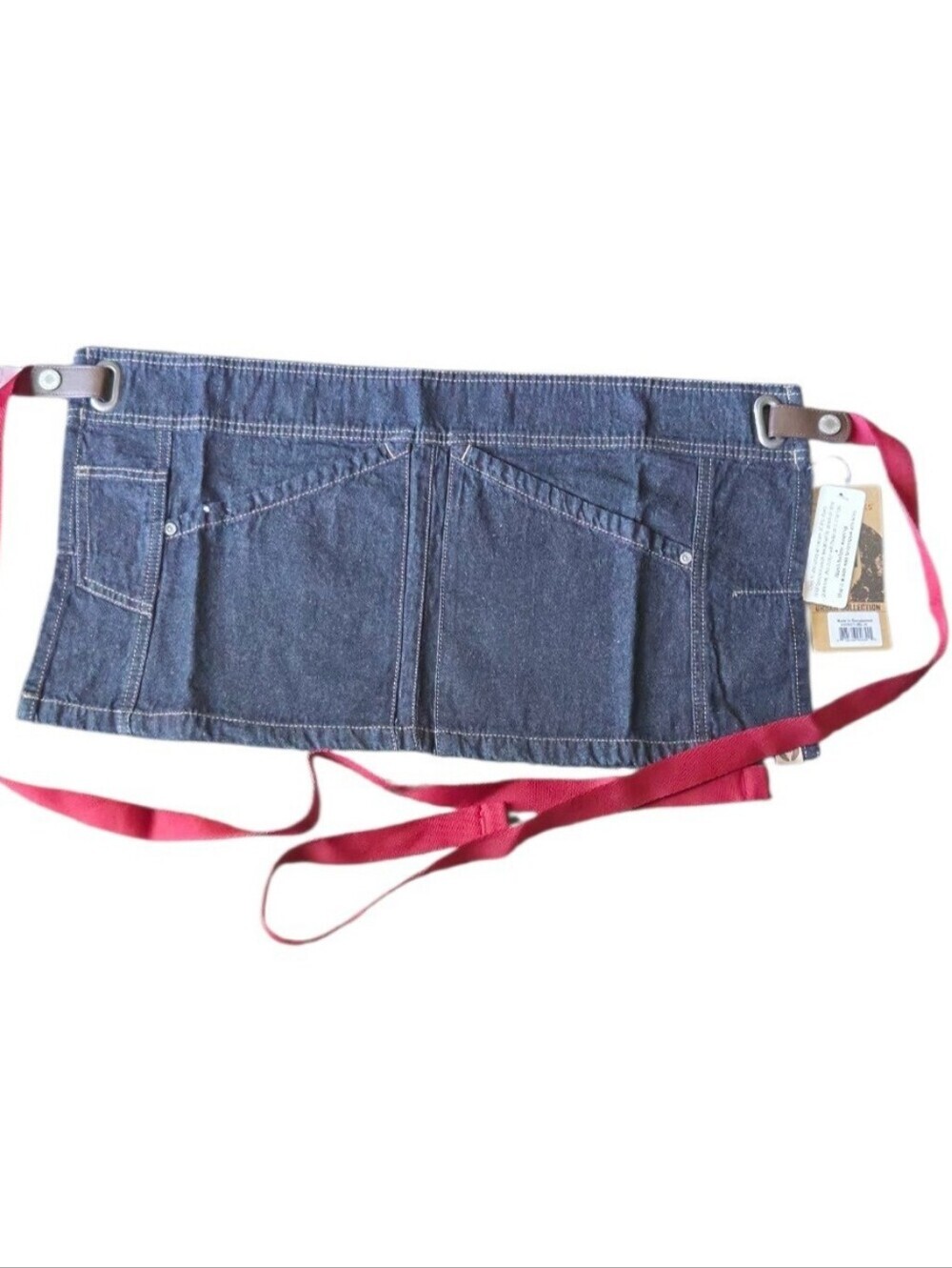 Chef Works Denim Utility Half Apron with Red Waist Tie.